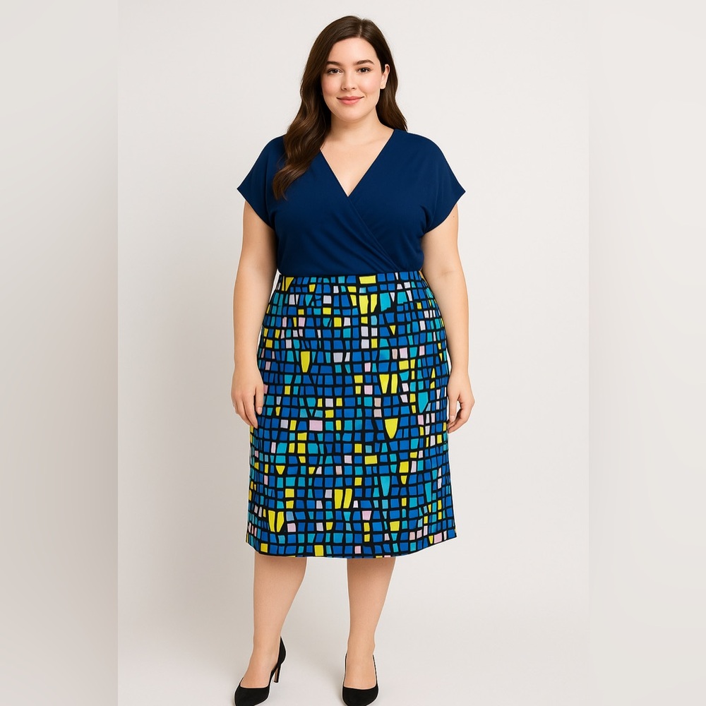 NWOT Leota USA-made blue yellow dolman sleeve‎ wrap dress, size 3L